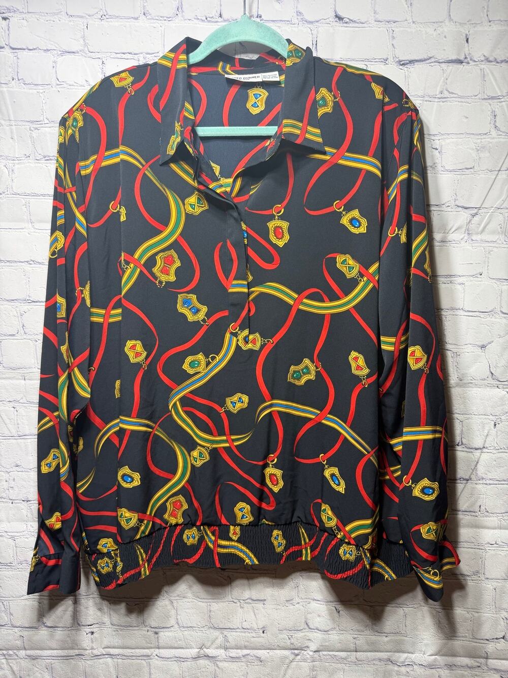Aflred Dunner Womens Scarf Print Button Down Black Multi Sz 44/24W Old Money